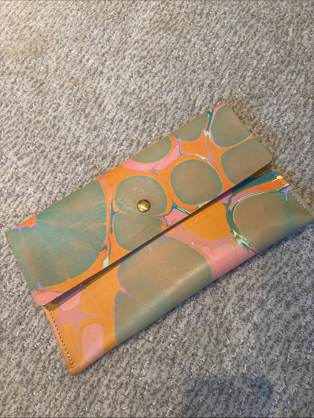 Glad & Young Hand Marbled Leather Foldover Clutch in Peach, Green & Pink